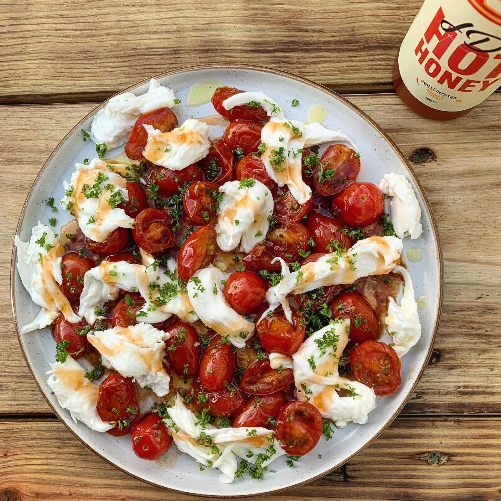 Roasted Tomatoes and Mozzarella - JD's Hot Honey