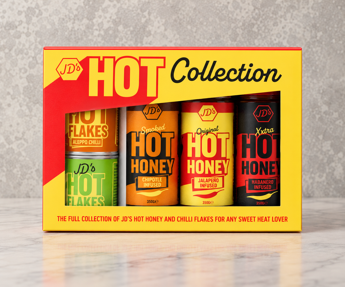 JD's HOT Collection Gift Set box with three hot honeys and two chilli flake pots